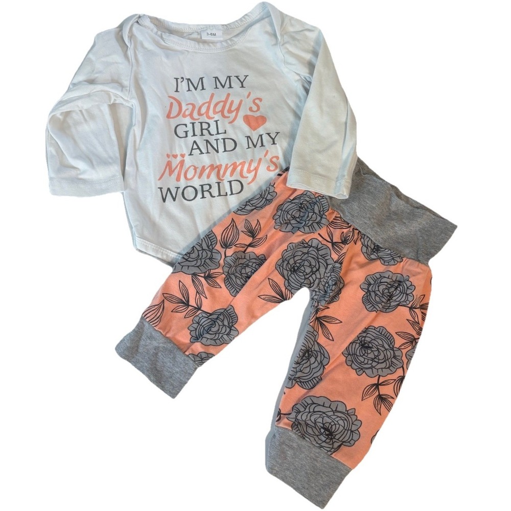 Baby Girls 2PC Outfit Set 3-6 Months Long Sleeve Bodysuit Floral Pants Cotton